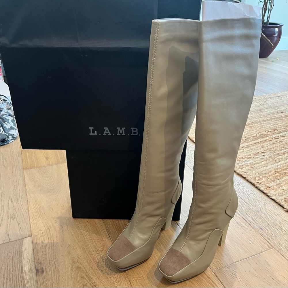 L.A.M.B. Women's Knee High Taupe Platform Boots